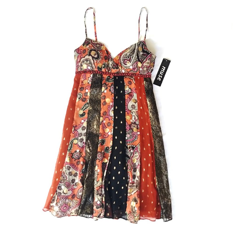 NWT Muse Empire Waist Silk Crepe Lace Multicolor Knee Length Dress